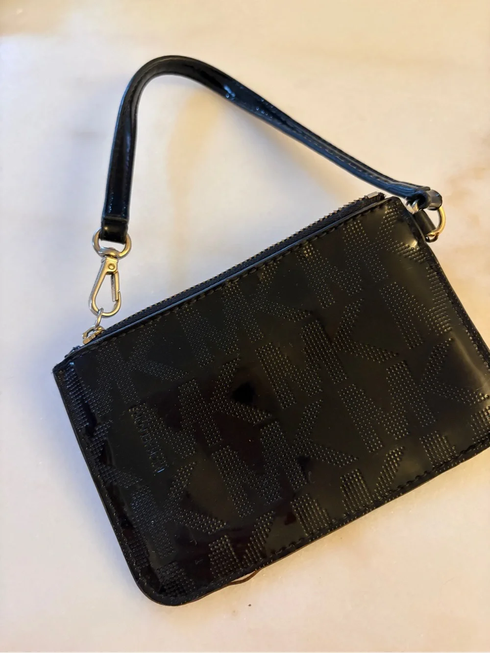 Michael Kors Black Patent Signature Wristlet with Gold Plate